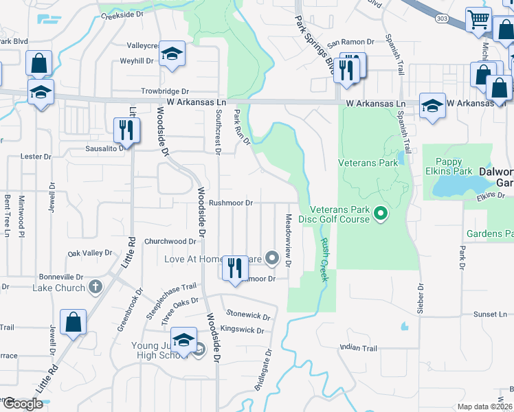 map of restaurants, bars, coffee shops, grocery stores, and more near 2600 Ridgemoor Court in Arlington