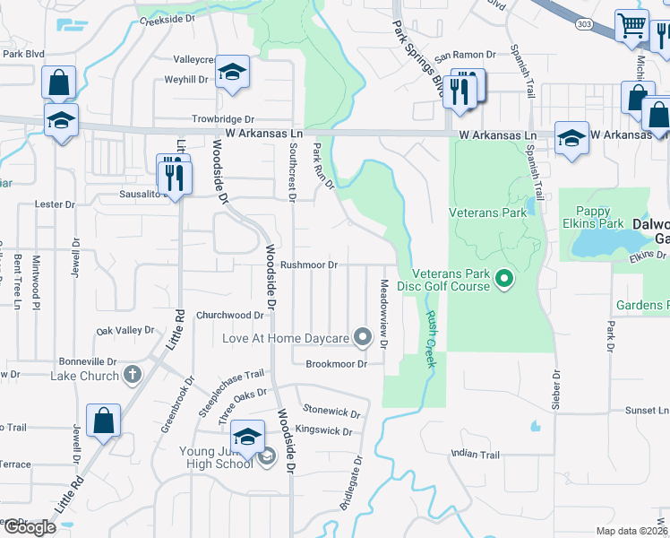 map of restaurants, bars, coffee shops, grocery stores, and more near 2600 Ridgemoor Court in Arlington