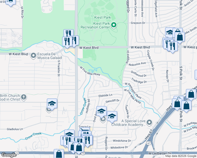map of restaurants, bars, coffee shops, grocery stores, and more near 2137 Siesta Drive in Dallas