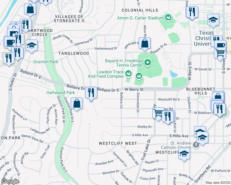 map of restaurants, bars, coffee shops, grocery stores, and more near 3813 Bellaire Drive South in Fort Worth