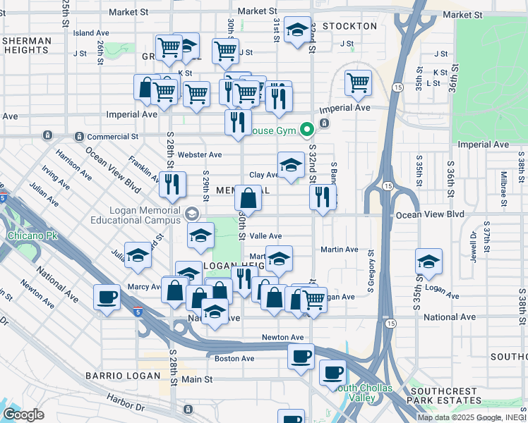map of restaurants, bars, coffee shops, grocery stores, and more near 3080 Ocean View Boulevard in San Diego