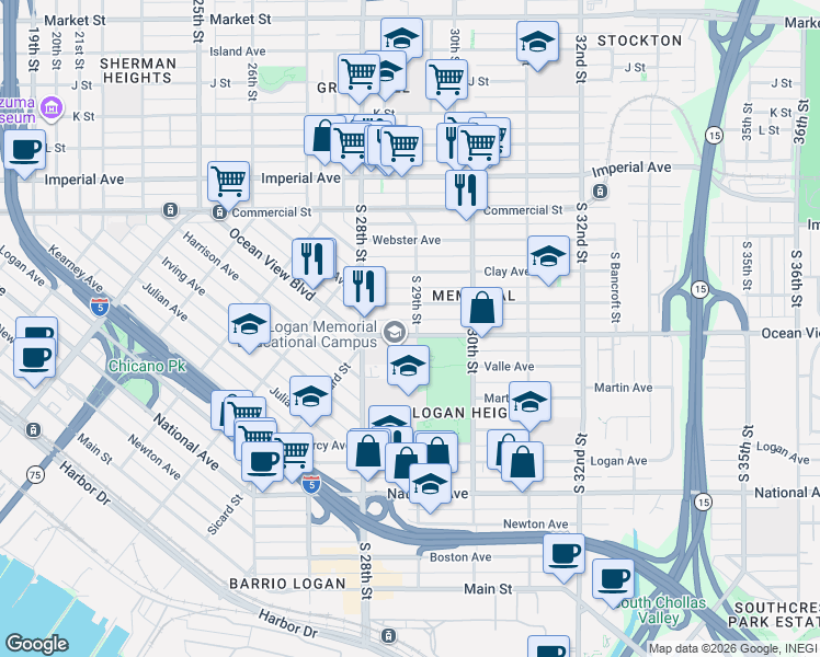 map of restaurants, bars, coffee shops, grocery stores, and more near 2888 Ocean View Boulevard in San Diego