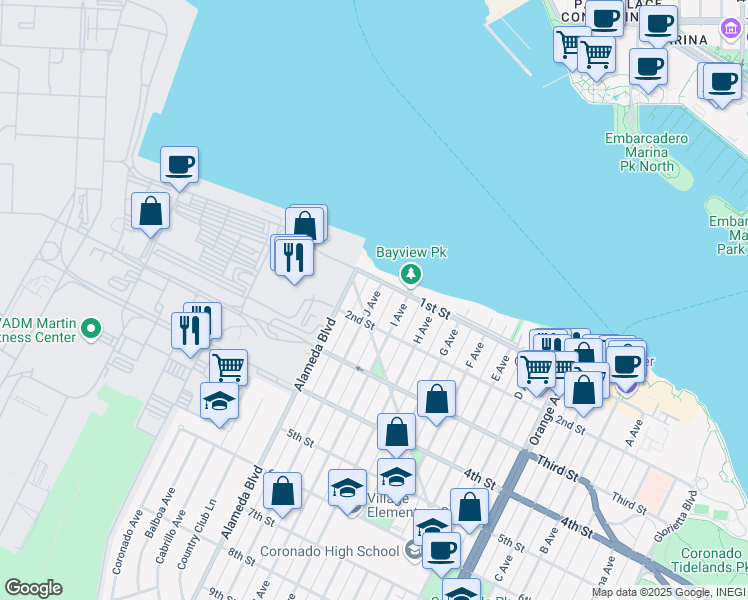map of restaurants, bars, coffee shops, grocery stores, and more near 121 J Avenue in Coronado