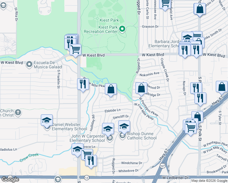 map of restaurants, bars, coffee shops, grocery stores, and more near 2014 West Five Mile Parkway in Dallas