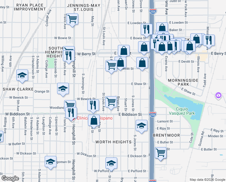 map of restaurants, bars, coffee shops, grocery stores, and more near 3317 South Main Street in Fort Worth