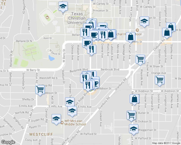 map of restaurants, bars, coffee shops, grocery stores, and more near 3304 South University Drive in Fort Worth