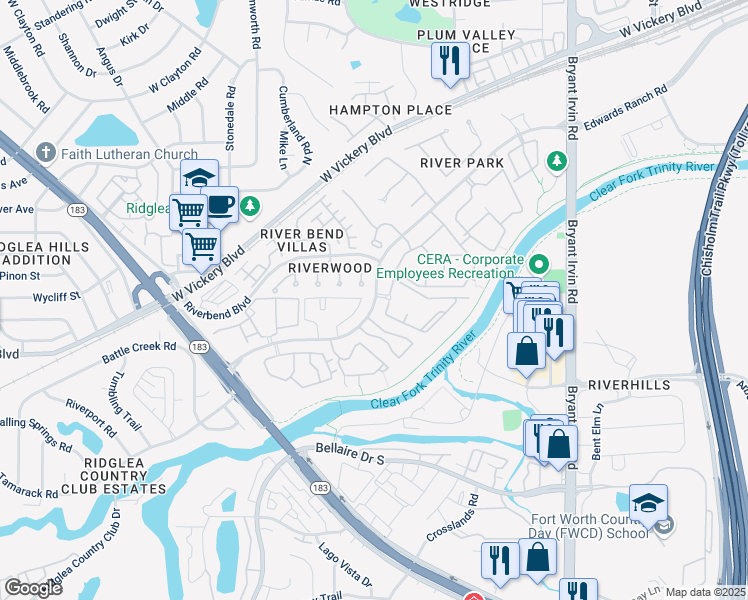 map of restaurants, bars, coffee shops, grocery stores, and more near 3320 Riveroad Court in Fort Worth