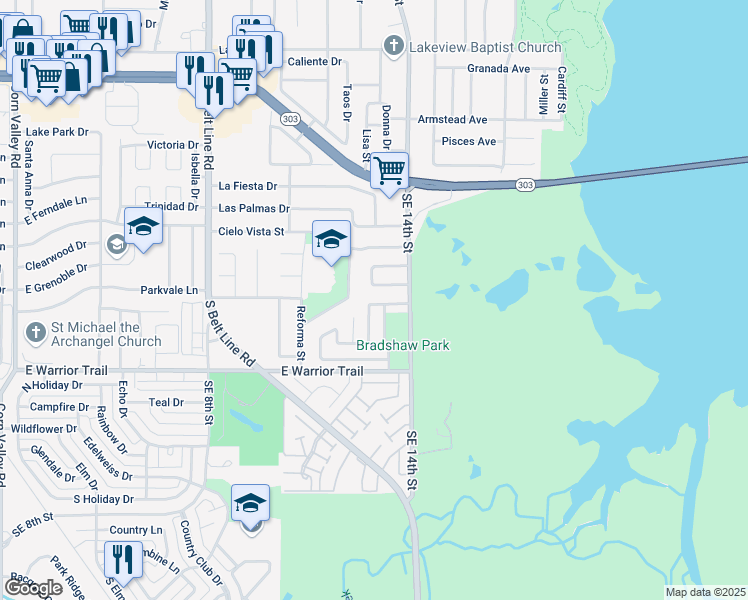 map of restaurants, bars, coffee shops, grocery stores, and more near 1310 Water Bridge in Grand Prairie