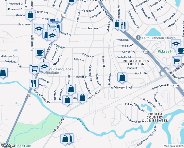 map of restaurants, bars, coffee shops, grocery stores, and more near 4936 Cedar Hill Road in Fort Worth