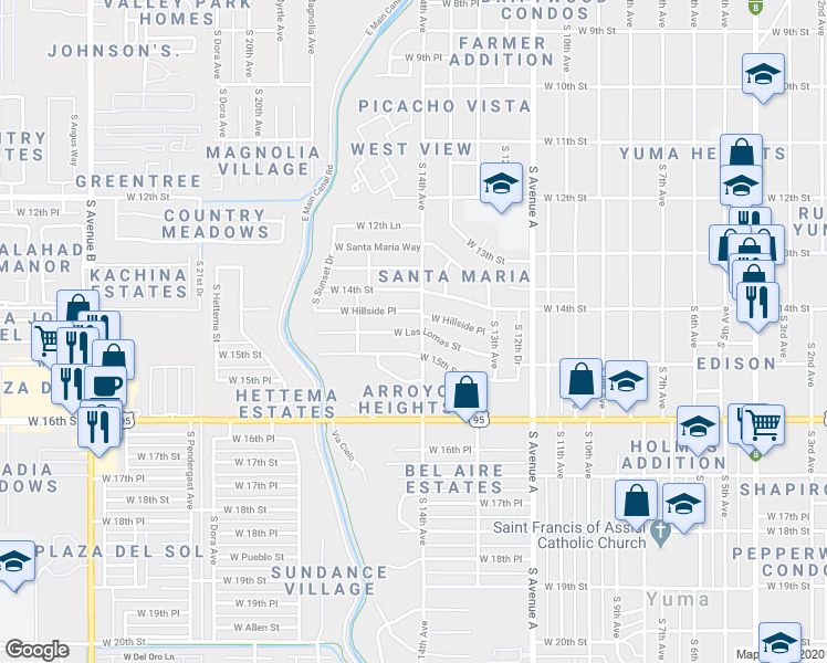 map of restaurants, bars, coffee shops, grocery stores, and more near 1410 West Las Lomas Street in Yuma