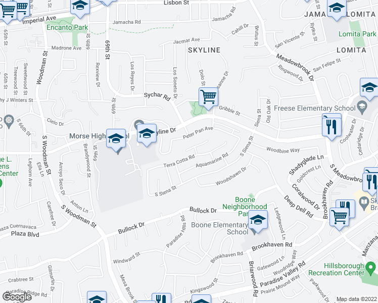 map of restaurants, bars, coffee shops, grocery stores, and more near 7173 Danawoods Court in San Diego