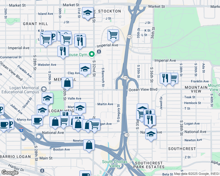 map of restaurants, bars, coffee shops, grocery stores, and more near 3296 Ocean View Boulevard in San Diego
