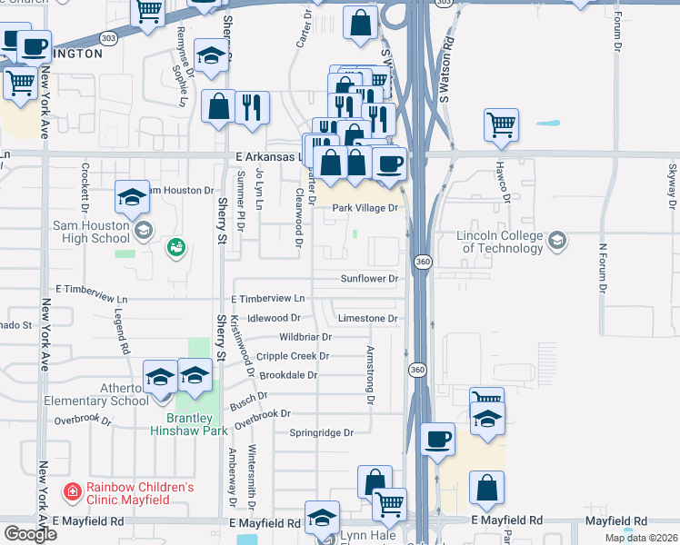 map of restaurants, bars, coffee shops, grocery stores, and more near 2425 Sunflower Drive in Arlington