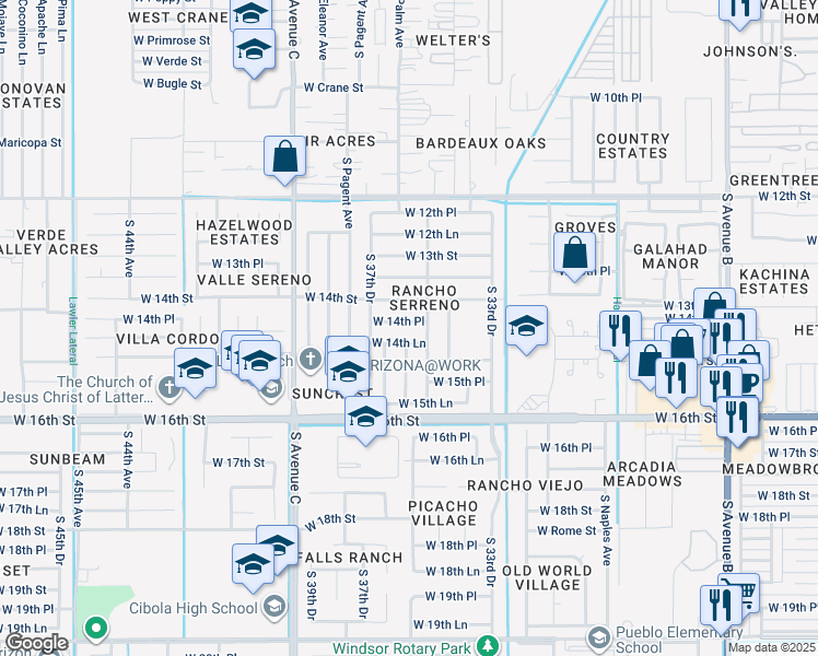 map of restaurants, bars, coffee shops, grocery stores, and more near 3595 West 14th Place in Yuma