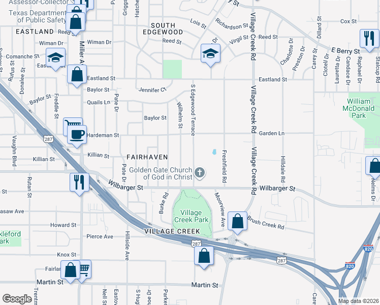 map of restaurants, bars, coffee shops, grocery stores, and more near 4304 South Edgewood Terrace in Fort Worth