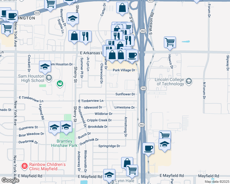 map of restaurants, bars, coffee shops, grocery stores, and more near 2425 Sunflower Drive in Arlington