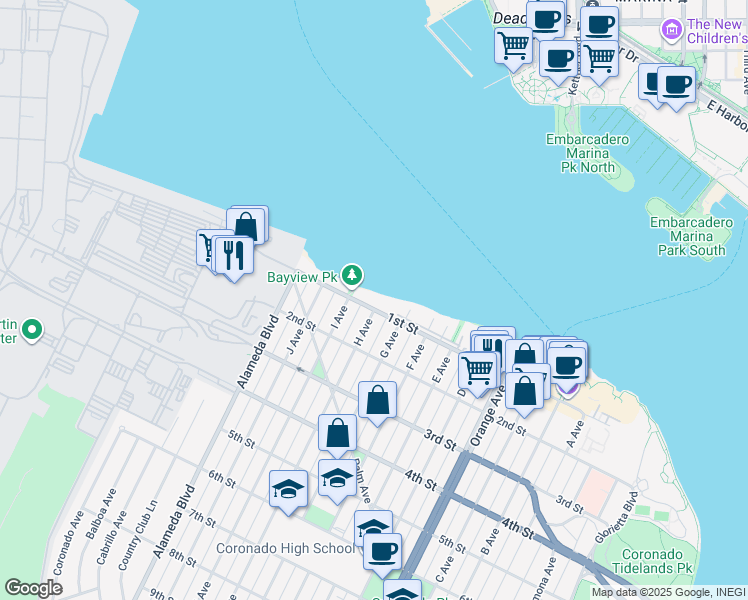map of restaurants, bars, coffee shops, grocery stores, and more near 515 1st Street in Coronado
