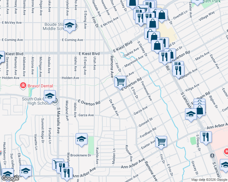 map of restaurants, bars, coffee shops, grocery stores, and more near 1323 East Overton Road in Dallas