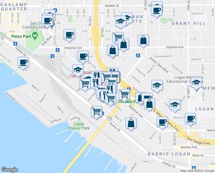 map of restaurants, bars, coffee shops, grocery stores, and more near 1852 National Ave in San Diego