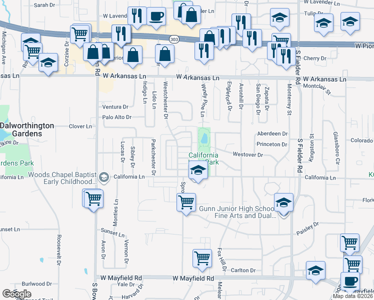 map of restaurants, bars, coffee shops, grocery stores, and more near 2012 Westbain Drive in Arlington