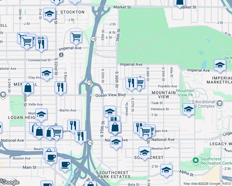 map of restaurants, bars, coffee shops, grocery stores, and more near 3584 Ocean View Boulevard in San Diego