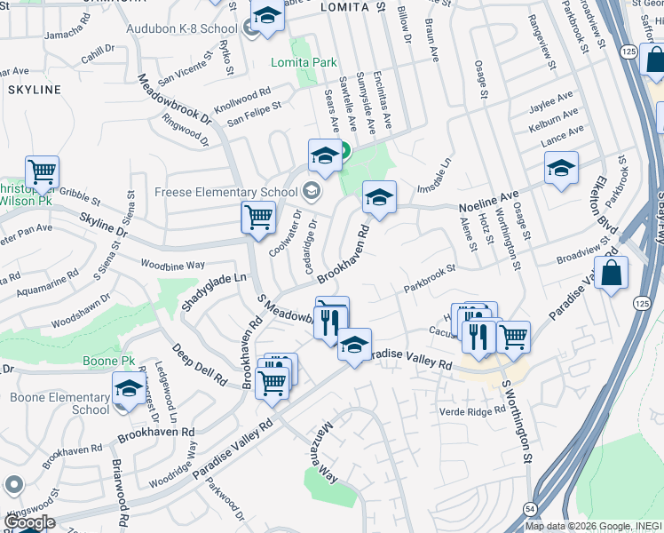 map of restaurants, bars, coffee shops, grocery stores, and more near 8124 Brookhaven Road in San Diego