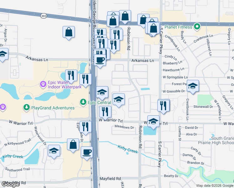 map of restaurants, bars, coffee shops, grocery stores, and more near 1063 Valley Brook Lane in Grand Prairie