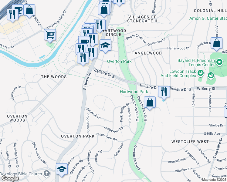 map of restaurants, bars, coffee shops, grocery stores, and more near 4405 Overton Terrace Court in Fort Worth