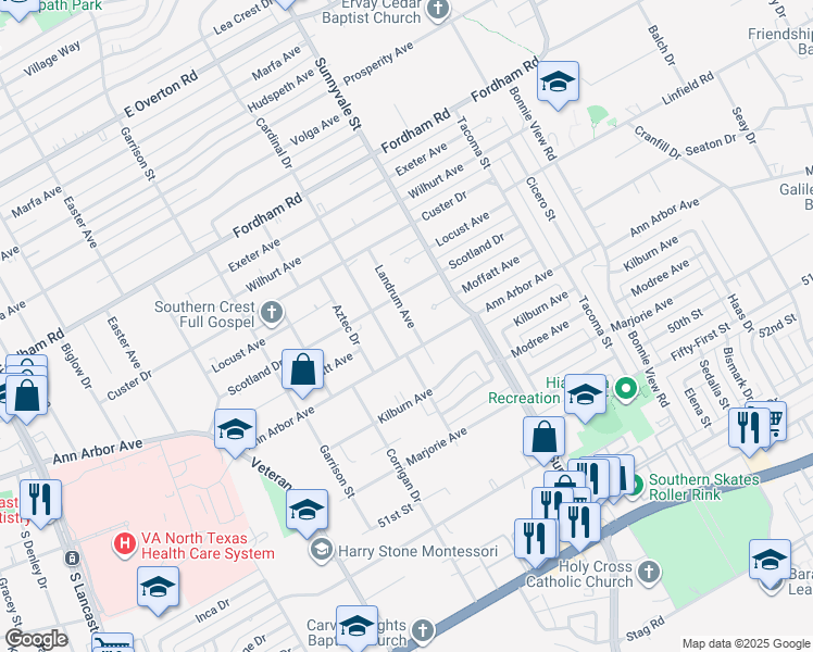 map of restaurants, bars, coffee shops, grocery stores, and more near 4407 Landrum Avenue in Dallas