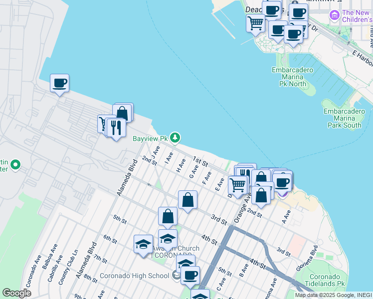 map of restaurants, bars, coffee shops, grocery stores, and more near 515 1st Street in Coronado