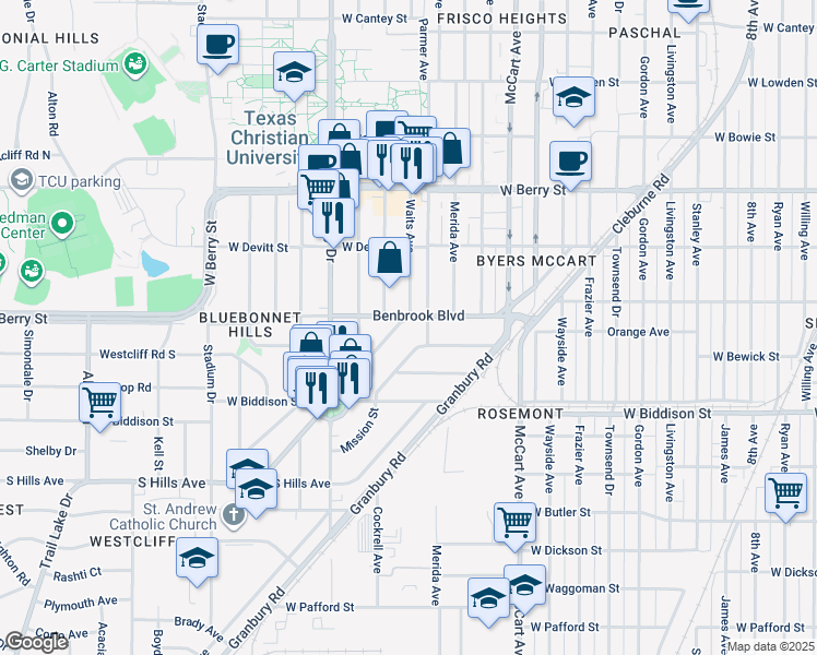 map of restaurants, bars, coffee shops, grocery stores, and more near 2817 Benbrook Boulevard in Fort Worth