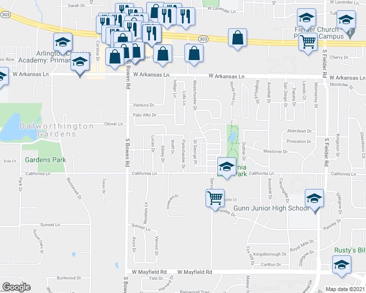 map of restaurants, bars, coffee shops, grocery stores, and more near 2718 Parkchester Drive in Arlington