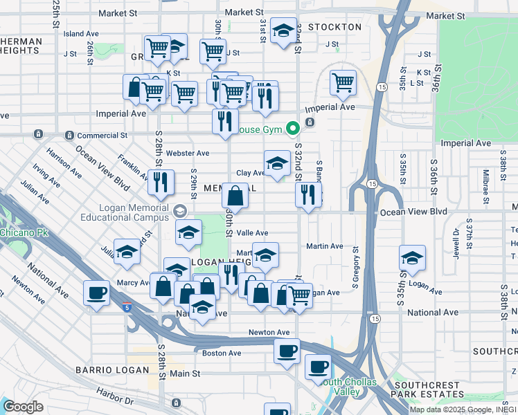 map of restaurants, bars, coffee shops, grocery stores, and more near 3080 Ocean View Boulevard in San Diego