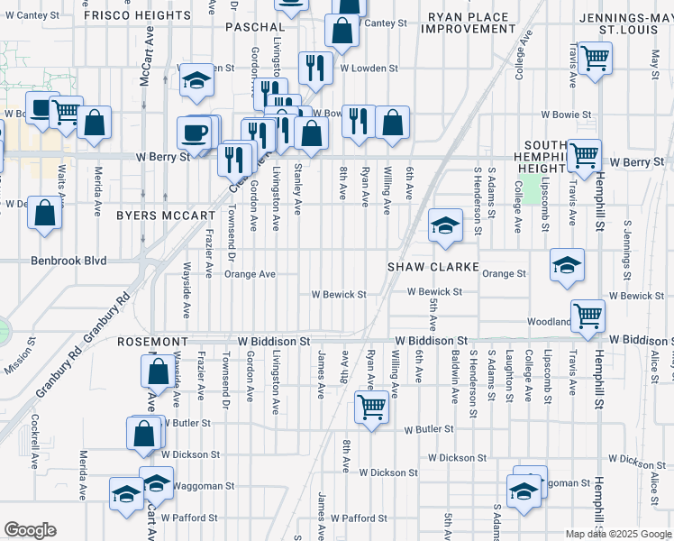 map of restaurants, bars, coffee shops, grocery stores, and more near 3322 8th Ave in Fort Worth