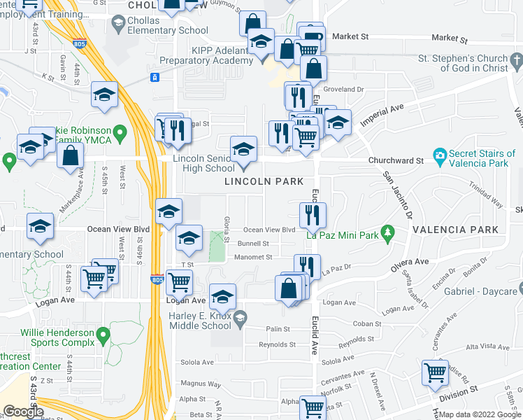 map of restaurants, bars, coffee shops, grocery stores, and more near 348 South Willie James Jones Avenue in San Diego