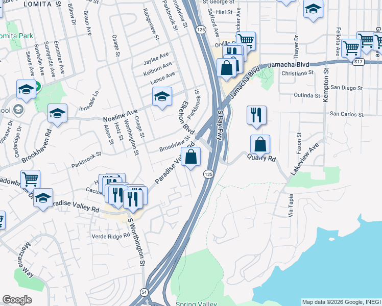 map of restaurants, bars, coffee shops, grocery stores, and more near 8555 Paradise Valley Road in Spring Valley