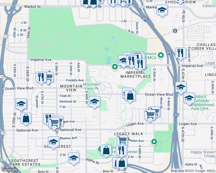 map of restaurants, bars, coffee shops, grocery stores, and more near 4172 Franklin Avenue in San Diego