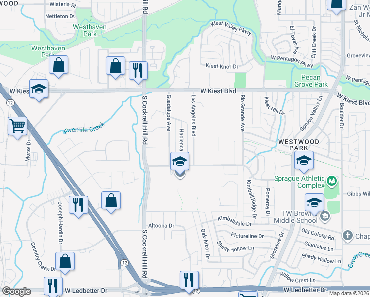 map of restaurants, bars, coffee shops, grocery stores, and more near 3514 Hacienda Drive in Dallas