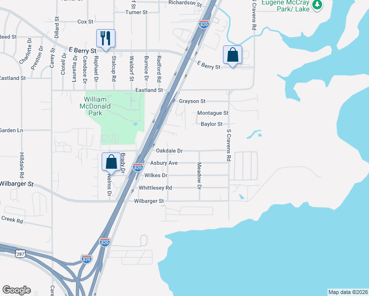 map of restaurants, bars, coffee shops, grocery stores, and more near 5811 Oakdale Drive in Fort Worth