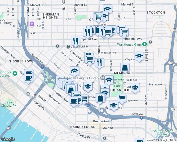 map of restaurants, bars, coffee shops, grocery stores, and more near 431 Sampson Street in San Diego