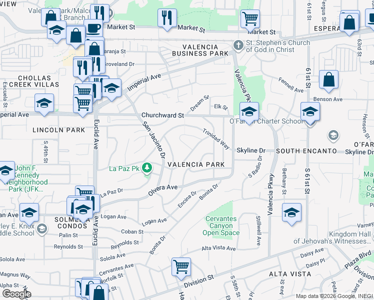 map of restaurants, bars, coffee shops, grocery stores, and more near 5505 San Mateo Drive in San Diego