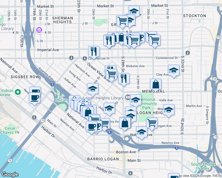 map of restaurants, bars, coffee shops, grocery stores, and more near 431 Sampson Street in San Diego