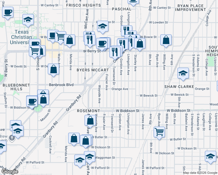 map of restaurants, bars, coffee shops, grocery stores, and more near 3321 Frazier Avenue in Fort Worth