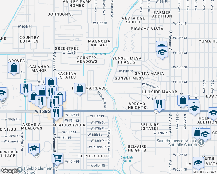map of restaurants, bars, coffee shops, grocery stores, and more near in Yuma