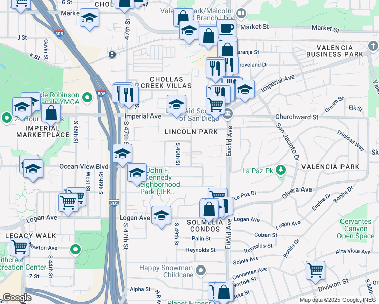 map of restaurants, bars, coffee shops, grocery stores, and more near 348 South Willie James Jones Avenue in San Diego