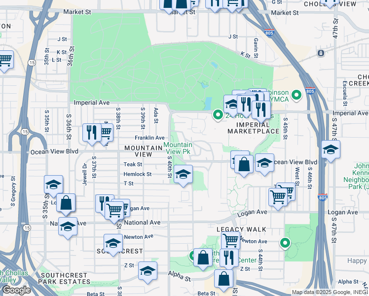 map of restaurants, bars, coffee shops, grocery stores, and more near 423 Cuyamaca Avenue in San Diego