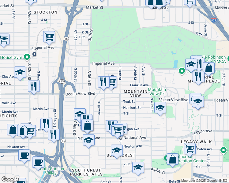 map of restaurants, bars, coffee shops, grocery stores, and more near in San Diego
