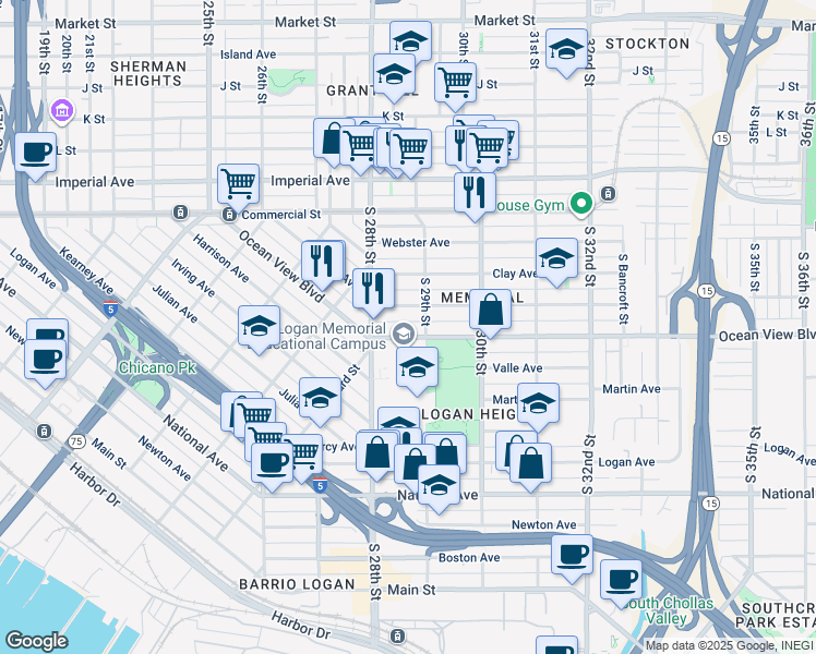 map of restaurants, bars, coffee shops, grocery stores, and more near 2888 Ocean View Boulevard in San Diego