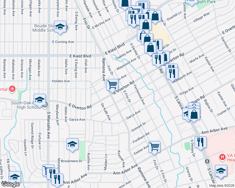 map of restaurants, bars, coffee shops, grocery stores, and more near 1406 East Overton Road in Dallas