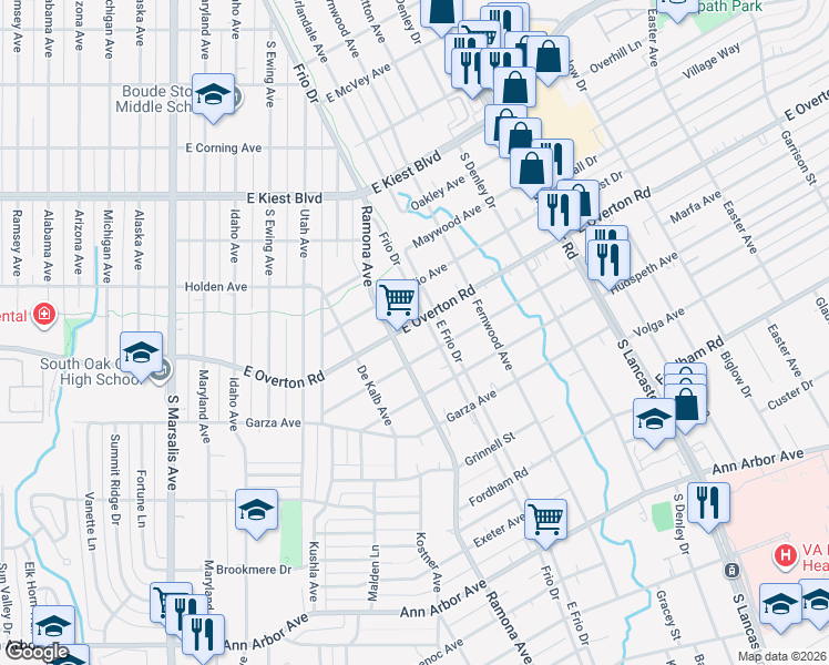 map of restaurants, bars, coffee shops, grocery stores, and more near 1406 East Overton Road in Dallas